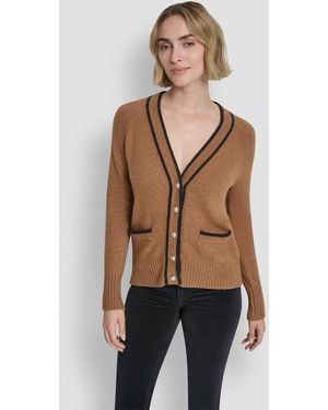 DKNY Long Sleeve Tipped V-neck Cardigan Sweater - Natural