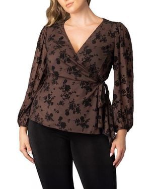 Kiyonna Plus Size Alissa Long Sleeve Mesh Wrap Top - Black