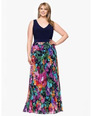 Xscape Plus Size V-neck Sleeveless Printed-skirt Gown - Blue