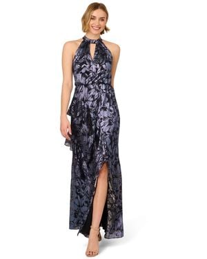 Adrianna Papell Crinkle Metallic Halter Gown - Blue