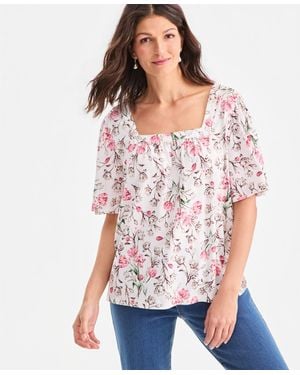 Style & Co. Printed Square-neck Flutter-sleeve Top - Red