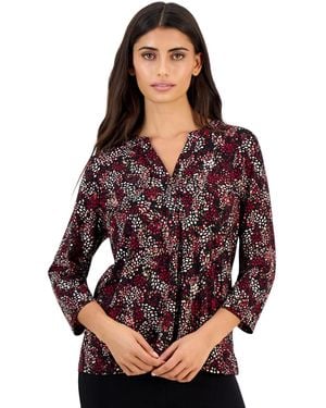 Anne Klein Essentials Petite Henley 3/4-sleeve Print Top - Purple