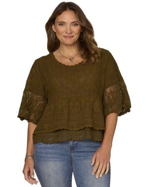 Democracy Petite Lace Double Bell Flounce Top - Green