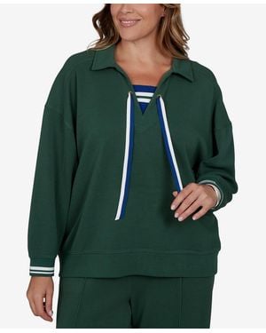 Ruby Rd. Plus Size Stripe Trim Drawstring Pullover Top - Green