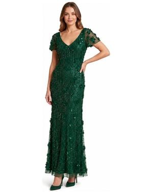 Lara 3d Floral Embellished Cape Sleeves Gown - Green