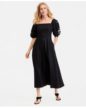 INC International Concepts Linen-blend Embroidered Puff-sleeve Midi Dress - Black