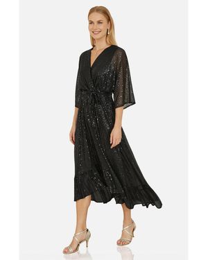 Yumi' Sequin Kimono Midi Wrap Dress - Black