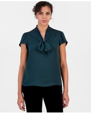 BarIII Satin Tie-neck Flutter-sleeve Short-sleeve Blouse - Blue