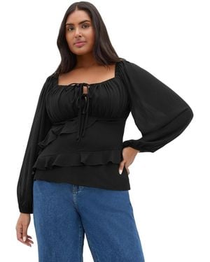 City Chic Plus Size Shayla Long Balloon-sleeve Frill Top - Black