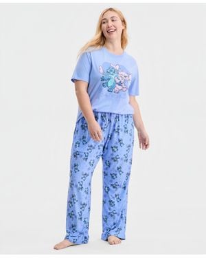 Disney Trendy Plus Size Stitch Love Printed Drawstring Pants - Blue