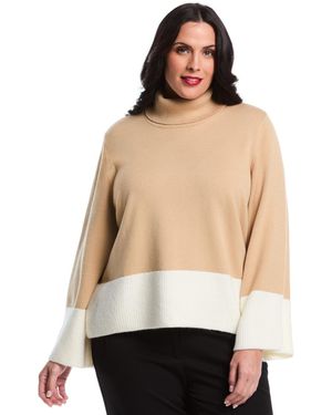 Rafaella Plus Size Color Block Trim Turtleneck Sweater - Natural