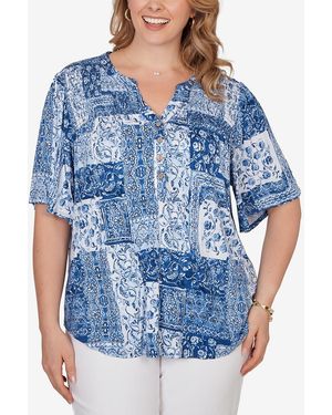 Ruby Rd. Plus Size Patchwork Bandana Henley T-shirt - Blue