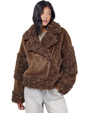 Warehouse Faux Fur Mix Zip Through Jacket - Brown