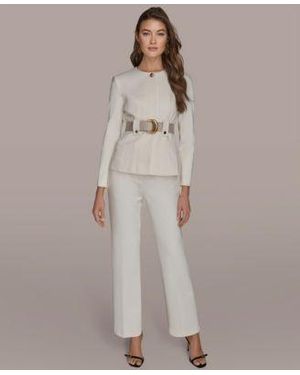 Donna Karan Belted One Button Jacket Flared Mid Rise Pants - Gray