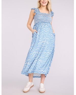 Motherhood Maternity Maternity Sleeveless Ruffle Shoulder Smocked Maxi Dress - Blue