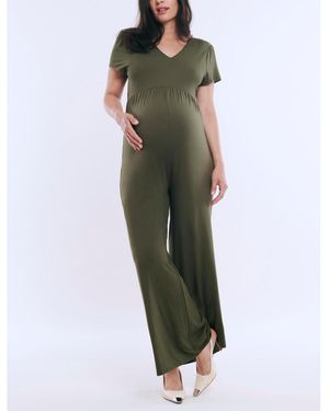 Motherhood Maternity Maternity Short Sleeve V-neck Flare Leg Jumpsuit - Green
