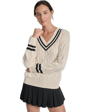 DKNY Sport Cotton Cable Knit V-neck Sweater - Natural