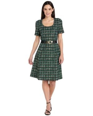 R & M Richards Printed Scoop Neck Belted Dress - Green