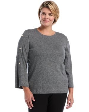 Rafaella Plus Size Stud-trim Rib-knit Long-sleeve Blouse - Gray
