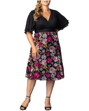 Kiyonna Plus Size Lillian Embroidered Mesh Midi Cocktail Dress - Black
