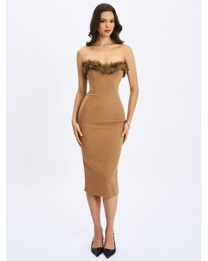 Miss Circle Rayanne Chestnut Strapless Fur-trimmed Sweetheart Maxi Dress - White