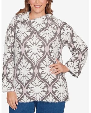 Ruby Rd. Plus Size Medallion Jacquard Sweater Knit Top - Gray