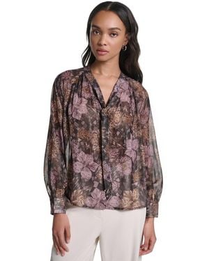 KARL LAGERFELD Tie Neck Sheer Floral Blouse - Brown