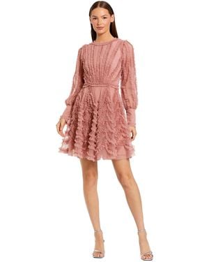 Mac Duggal Ruffle Lace Up Back Long Sleeve Mini Dress - Pink