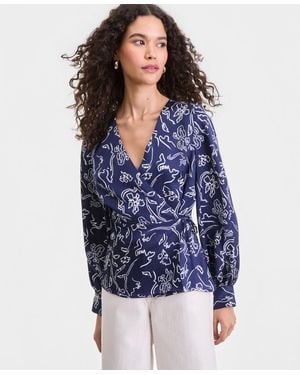 Macy's I.n.c. International Concepts Printed Blouson-sleeve Wrap Blouse - Blue