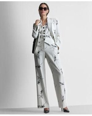 DKNY Pinstripe Single Button Blazer Pinstripe V Neck Sleeveless Vest Pinstripe Floral Mid Rise Flared Pants - White