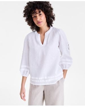 Charter Club 100% Linen Pintuck-trim Top - White