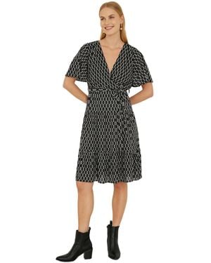 Yumi' Short Sleeve Tie Waist Midi Skater Dress - Black