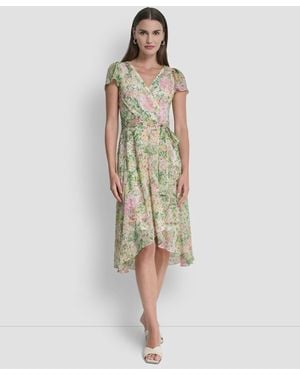 DKNY Flutter Short-sleeve High-low V-neck Midi Dress - Green