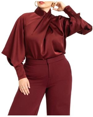 Eloquii Plus Size Draped Neck Satin Blouse - Red