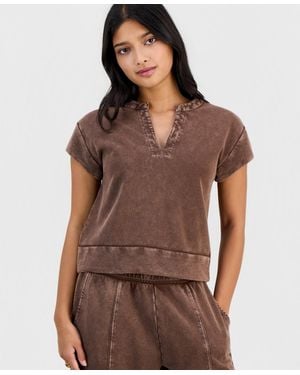 And Now This Petite French Terry Split-neck Cap-sleeve Top - Brown