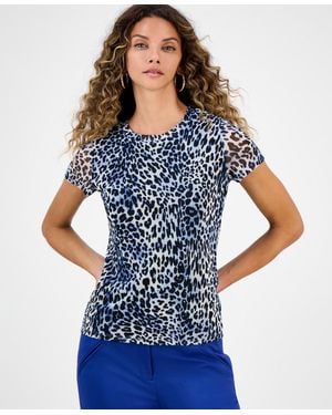 BarIII Leopard-print Short-sleeve Mesh Top - Blue