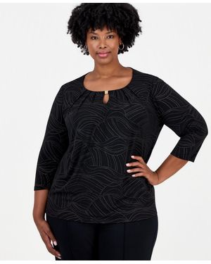 Kasper Plus Size 3/4-sleeve Pleated Blouse - Black