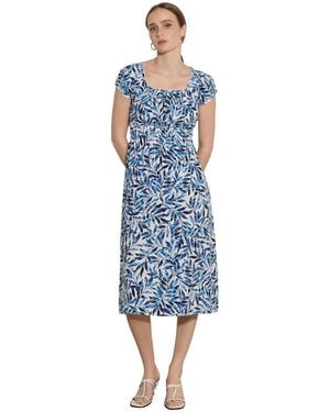 Apricot Milkmaid Watercolor Leaf Smocked Waist Midi Square Neck Dress - Blue