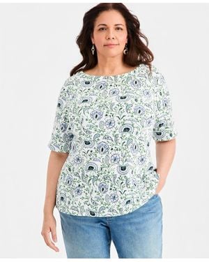 Style & Co. Plus Size Printed Boat-neck Elbow-sleeve Top - Blue