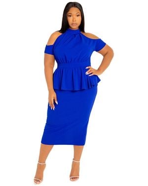 Buxom Couture Plus Size Cut-out Shoulder Peplum Midi Dress - Blue