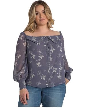 Standards & Practices Plus Size Floral Print Long Sleeve Button Down Off-the-shoulder Blouse - Blue
