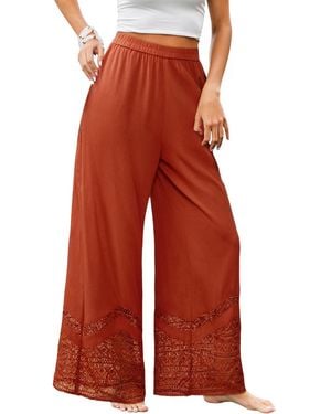 CUPSHE Rust Elastic Waist Lace Trim Wide Leg Pants - Red