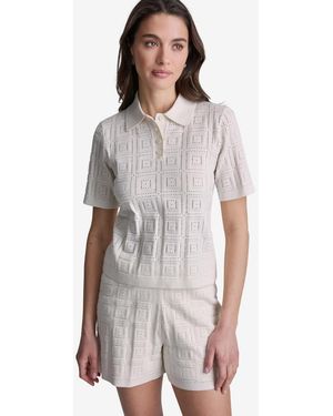 BCBGMAXAZRIA Open-stitch Polo Short-sleeve Top - White