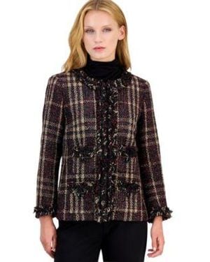 Anne Klein Plaid Fringe Trim Tweed Jacket - Black