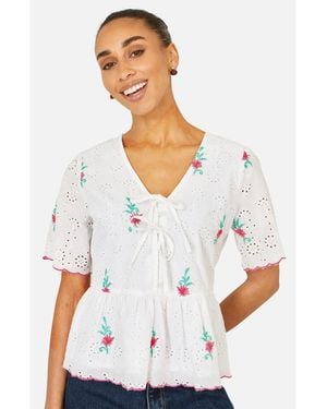 Yumi' Broderie Anglaise Embroidered Tie Top - White