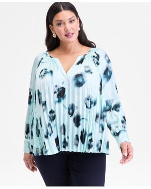 INC International Concepts Plus Size Printed Pleated Split-neck Blouse - Blue