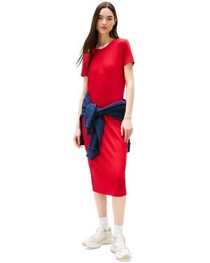 Tommy Hilfiger Ribbed Bodycon Midi Dress - Red