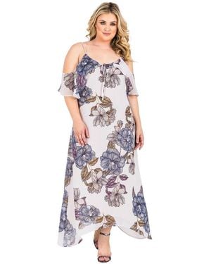 Standards & Practices Plus Size Floral Chiffon Cold Shoulder Ruffle Dress - White