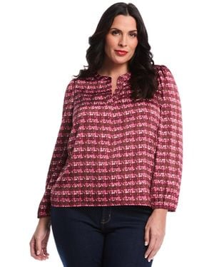 Rafaella Plus Size Crosshatch Print Split Neck Long Sleeve Popover Top - Red