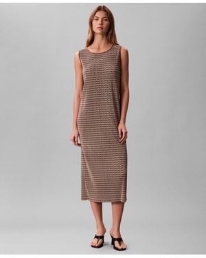 Calvin Klein Plisse Print Crewneck Midi Dress - Brown